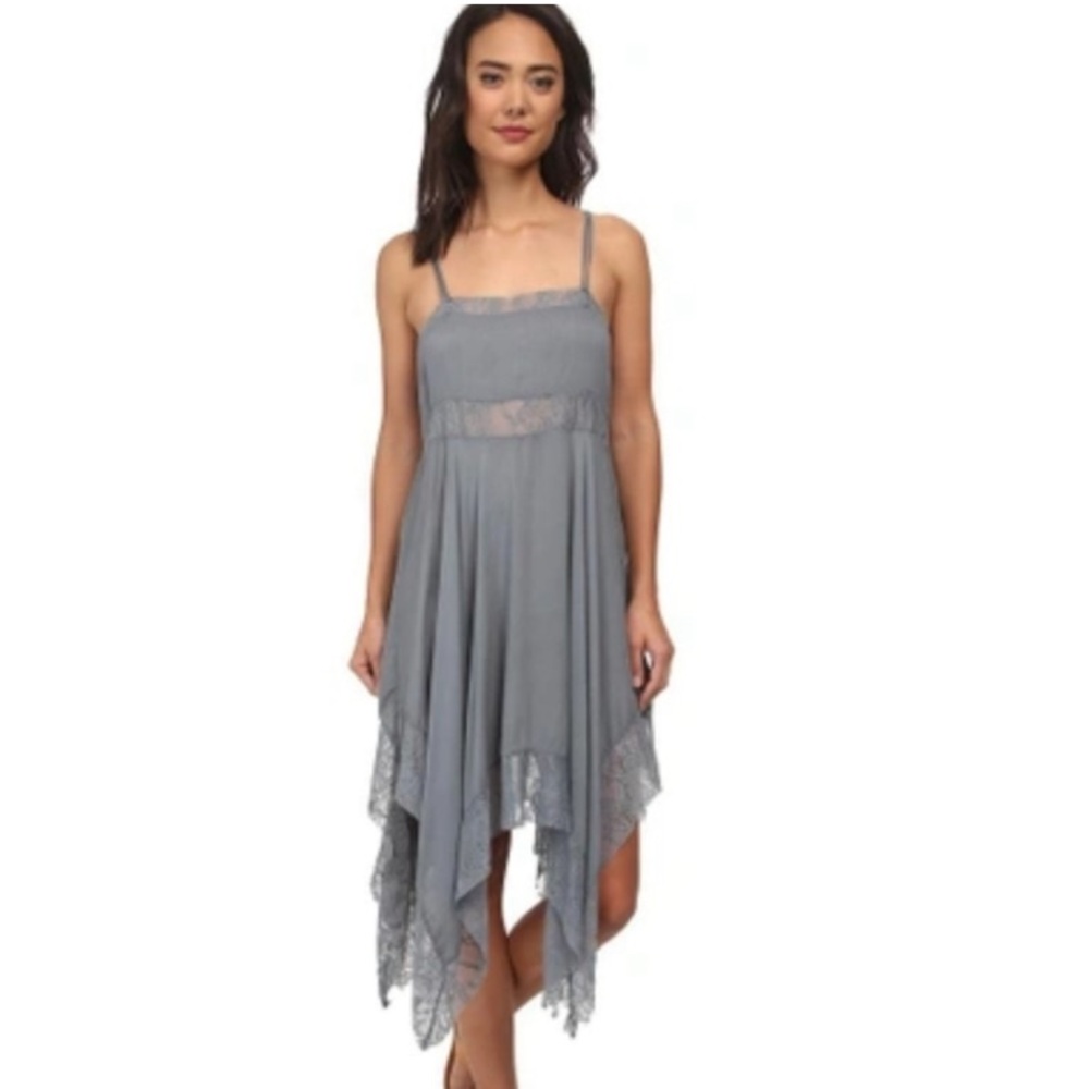 NWT Intimately Free People Blue Gray Dobby Dot Trapeze Slip Dress Small S